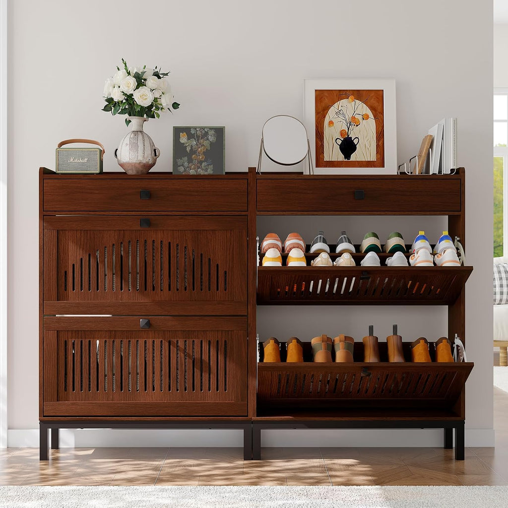 Shoe Cabinet with 2 Flip Drawers and 1 Large Drawer, Wooden Shoe Organizer Cabinet with Adjustable Shelf, Shoe