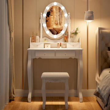Girls Makeup Vanity Set with 360° Rotating Lighted Mirror | Dressing Table Desk with Dimmable LED Hollywood Lights, 4