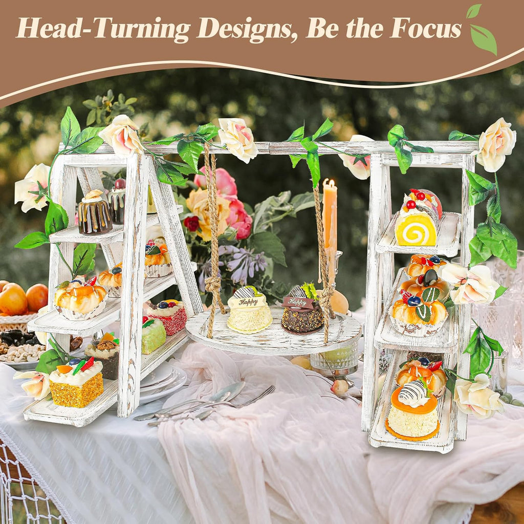 Wooden 3 Tier Cupcake Stand with Swing and Flower Decoration Serving Removable Tray Display Serving Ladder Foldable