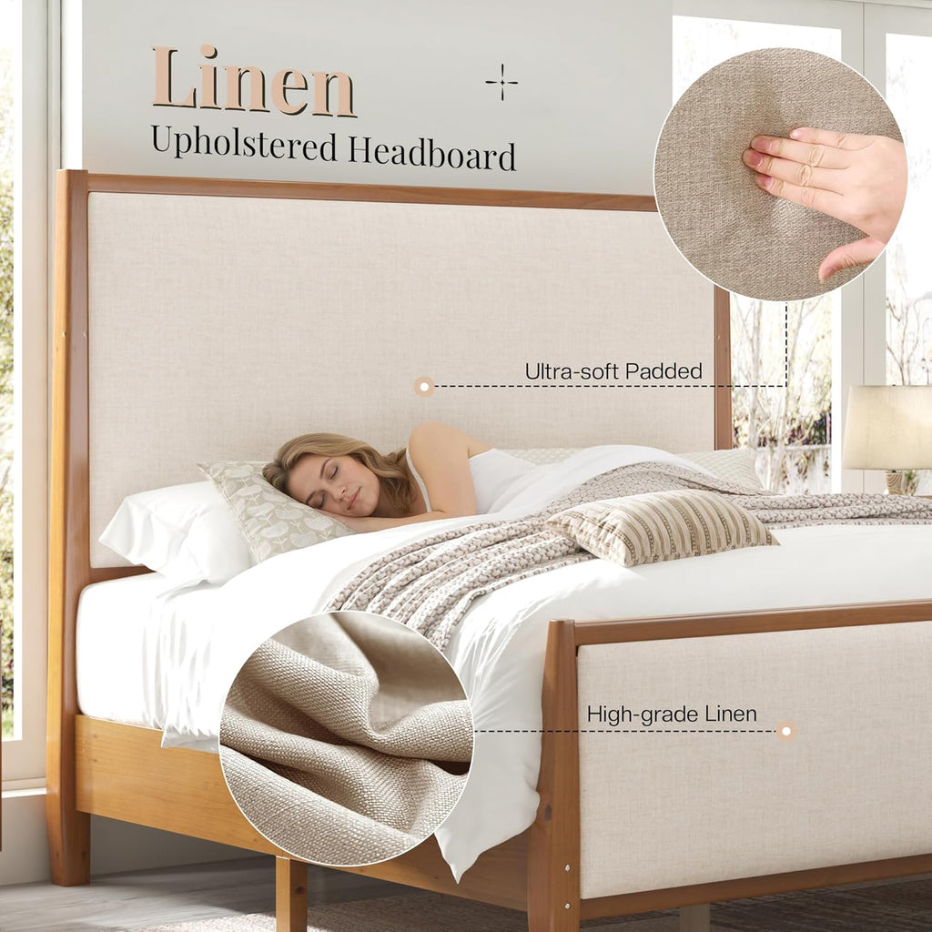 58" Tall Solid Wood King Bed Frame with Upholstered Headboard & Footboard, Wooden Platform Bedframe, No Box Spring