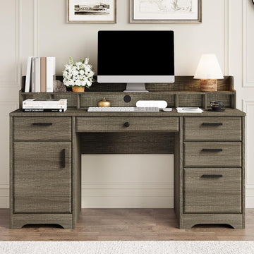 58 Inch Executive Desk with File Drawers, Computer Desk with Storage, Rustic Desk with Adjustable Shelves