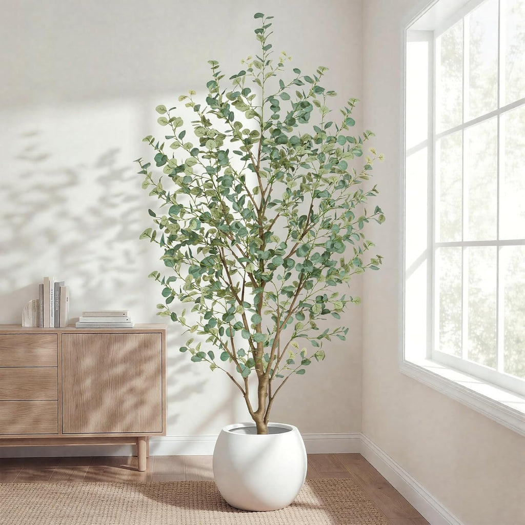8FT Artificial Eucalyptus Tree Indoor, Faux Eucalyptus Tree with 901 Silk Leaves, Tall Fake Tree - Artificial Tree