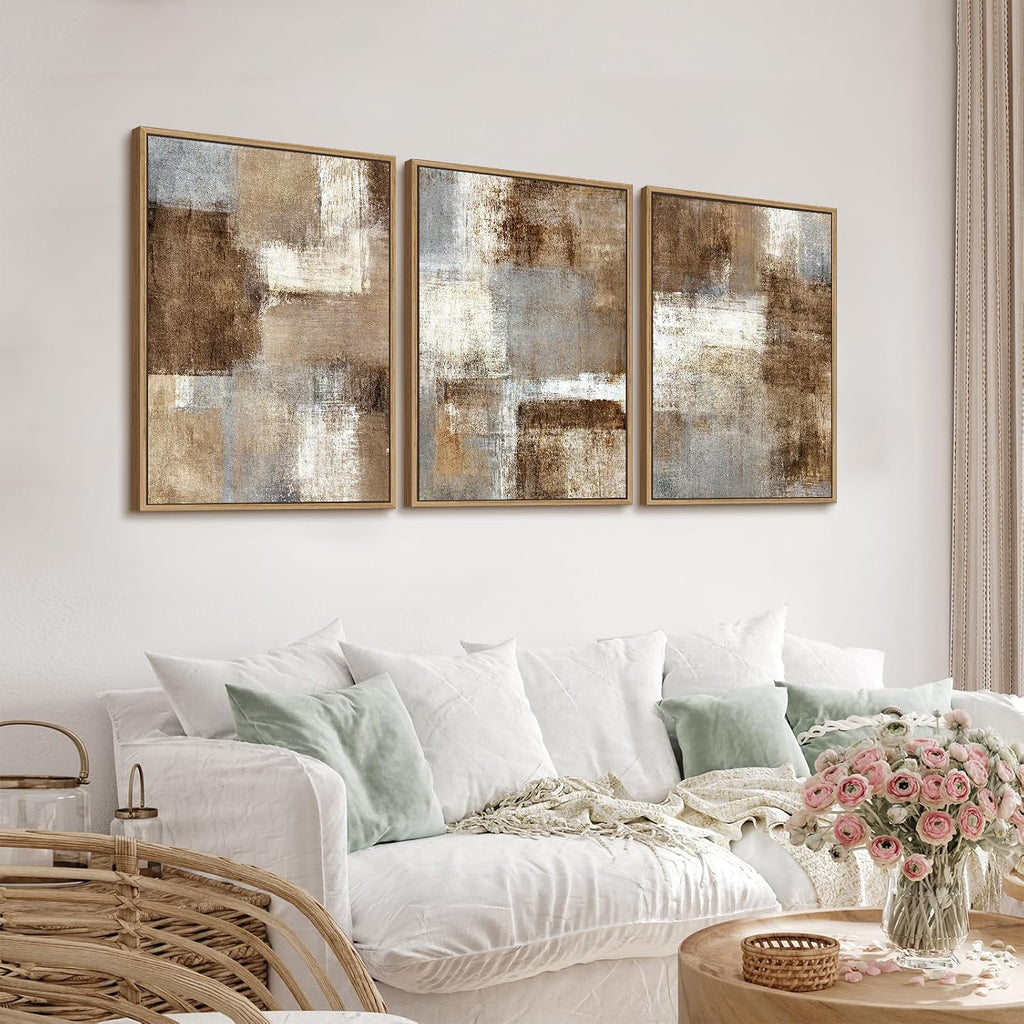 Large Abstract Framed Wall Art - Natural Float Framed Canvas Pictures Wall Art Prints Decor Rustic Artwork Brown