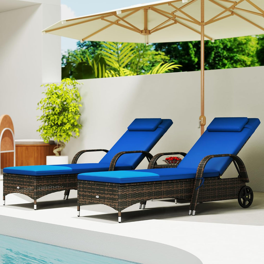 Wicker Outdoor Chaise Lounge Chair Set of 3 Blue | Side Table, 5-Level Adjustable Backrest, PE Rattan Pool Lounge
