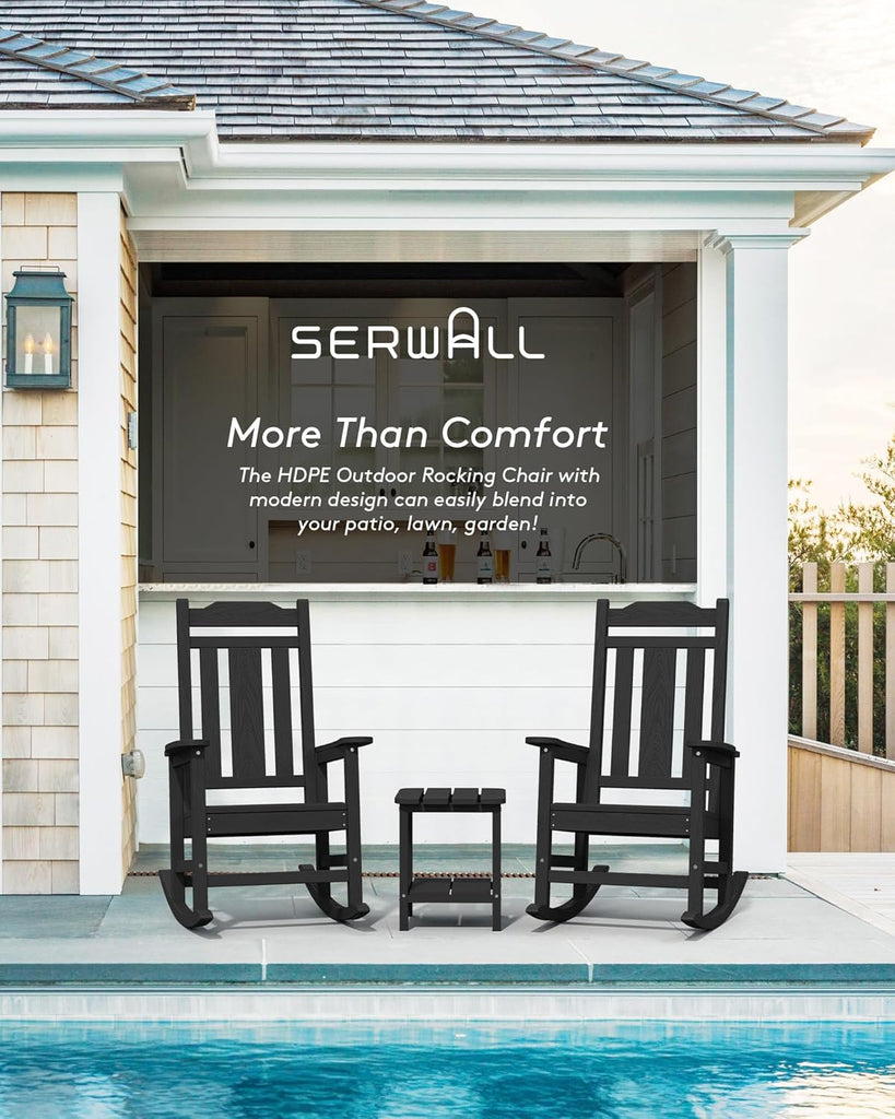 HDPE Oversized Outdoor Rocking Chairs Set of 2, Patio Rocker, Black | Heavy Duty Front Porch Rocker, All Weather