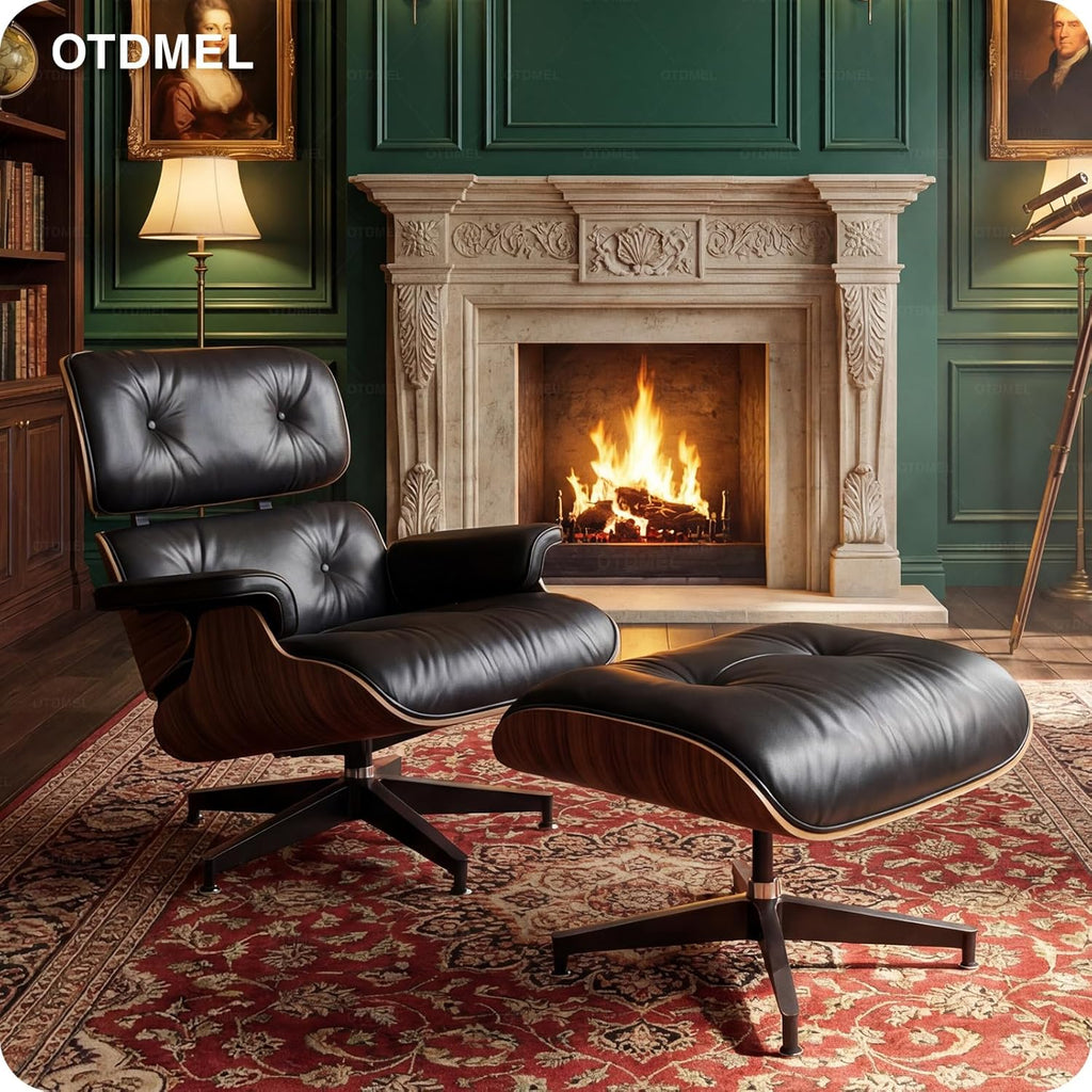 Mid-Century Modern Lounge Chair & Ottoman — Premium Top-Grain Leather, Walnut Base, Extended Chaise