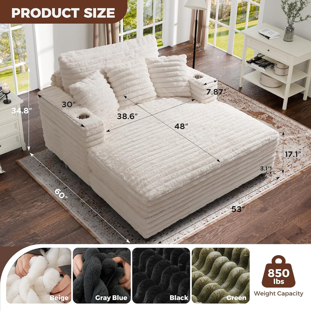 60" Oversized Chaise Lounge Chair with Wood Frame, USB Charging Port, Beige | Comfy Plush Faux Fur, 2 Cup Holders & 3