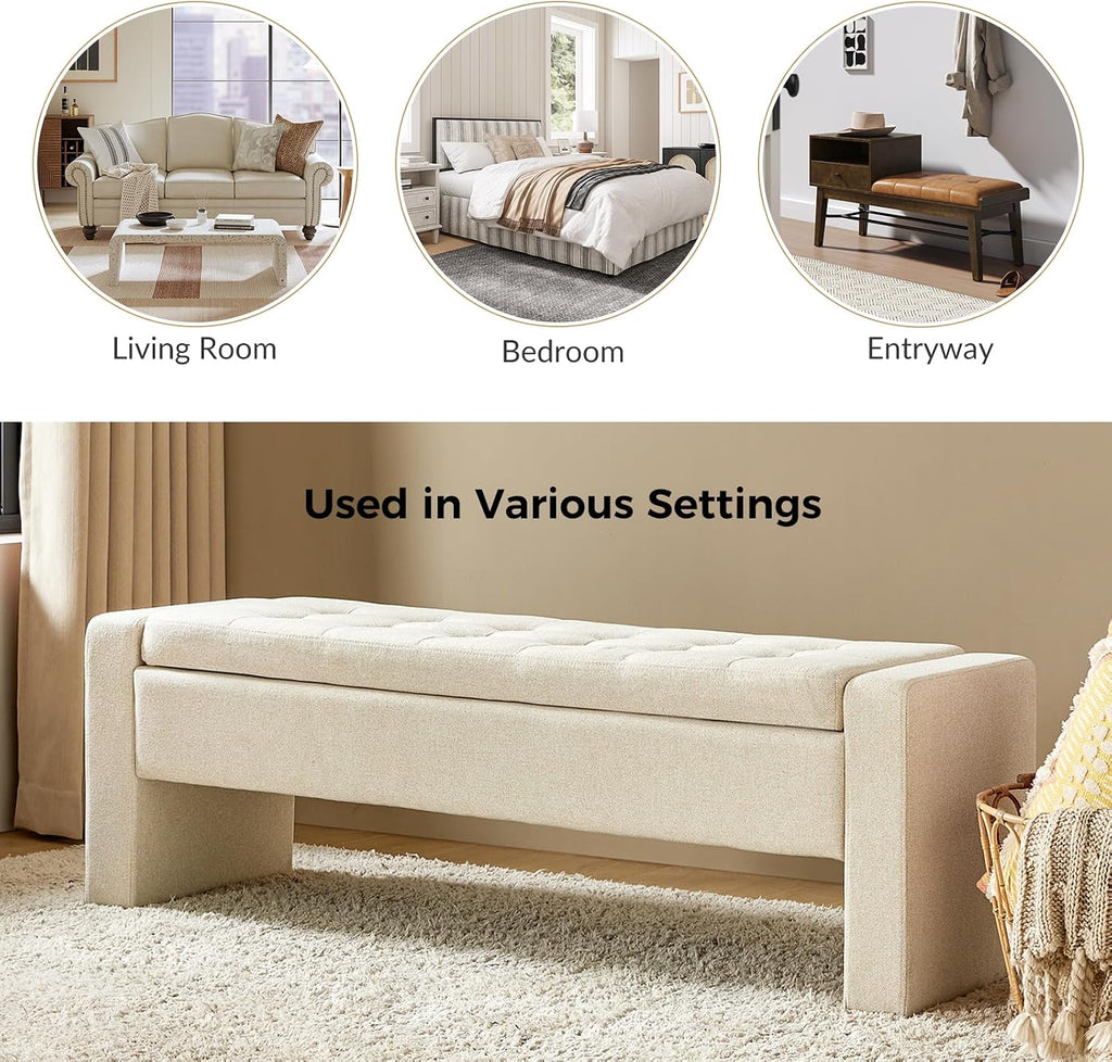 55" Modern Upholstered Storage Bench with Tufted Seat, Fabric Ottoman Bench , or Living Room, Soft Close Hinge,Linen