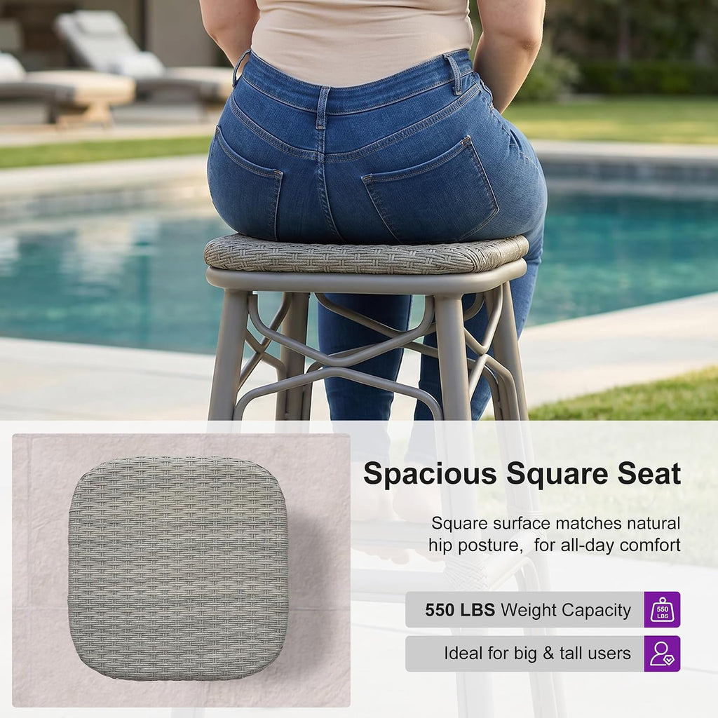 French Counter Height Bar Stool Set of 2 Outdoor Rattan Patio Bar Chairs Aluminum Frame Backless Barstools