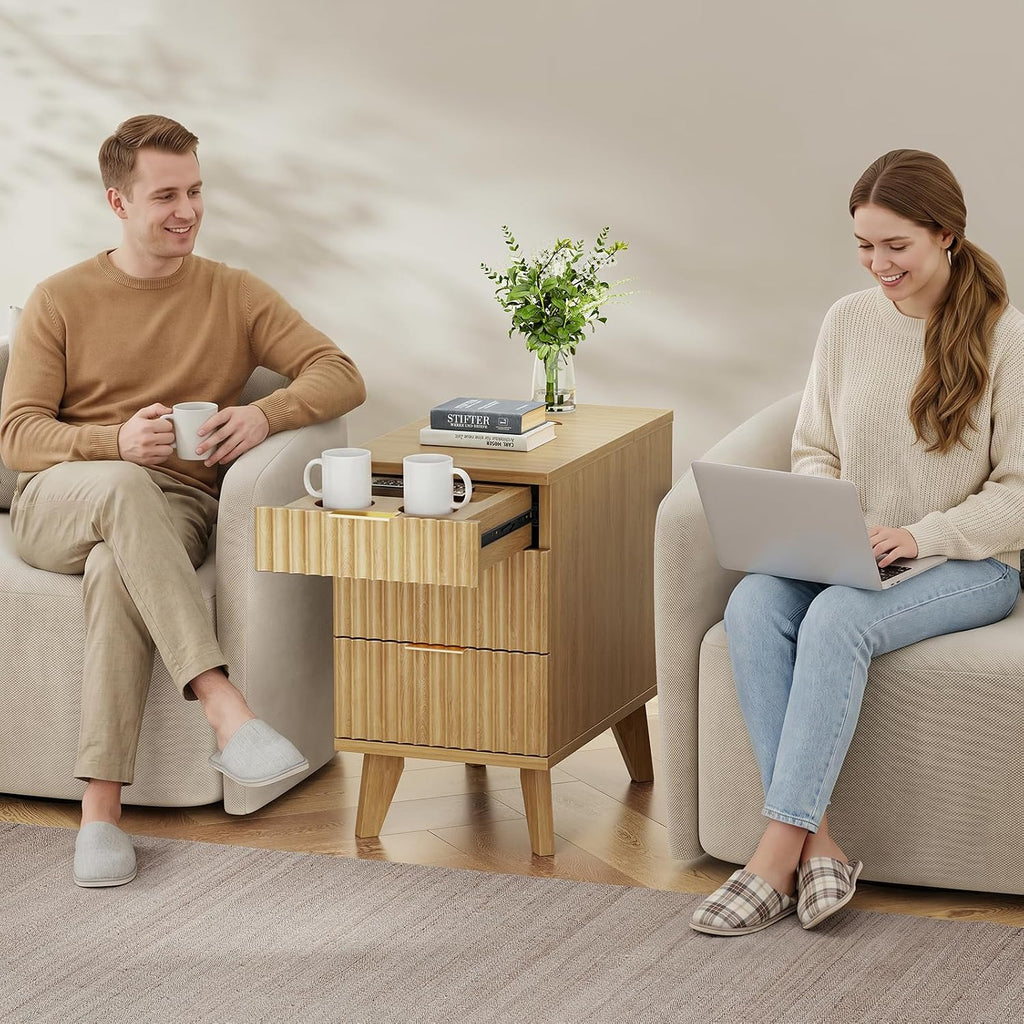 Narrow Nightstand with Hidden Outlets & USB Ports, Modern Fluted Bedside Table with 3 Drawers, Engineering Wooden End