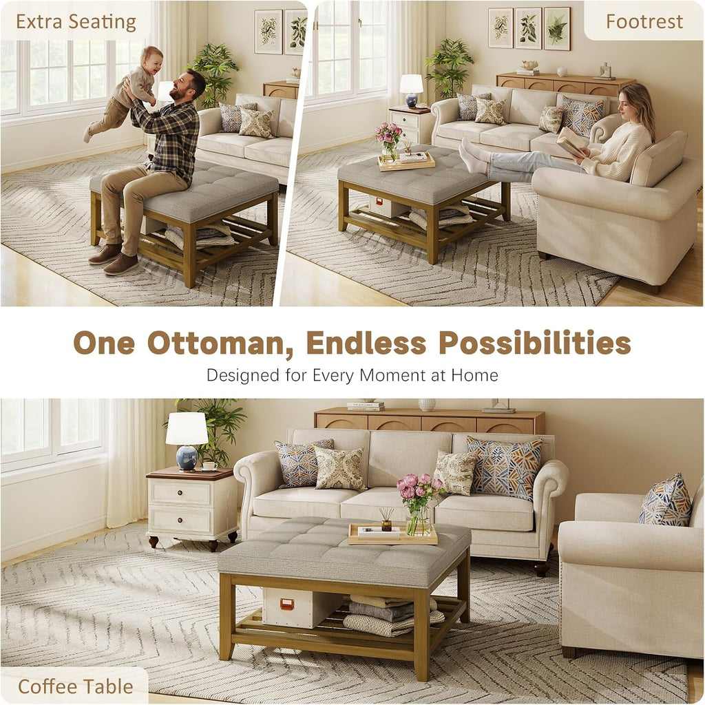 Large Square Ottoman Coffee Table, Linen Solid Upholstered Footrest Ottoman with Solid Wood Shelf Storage Tufted
