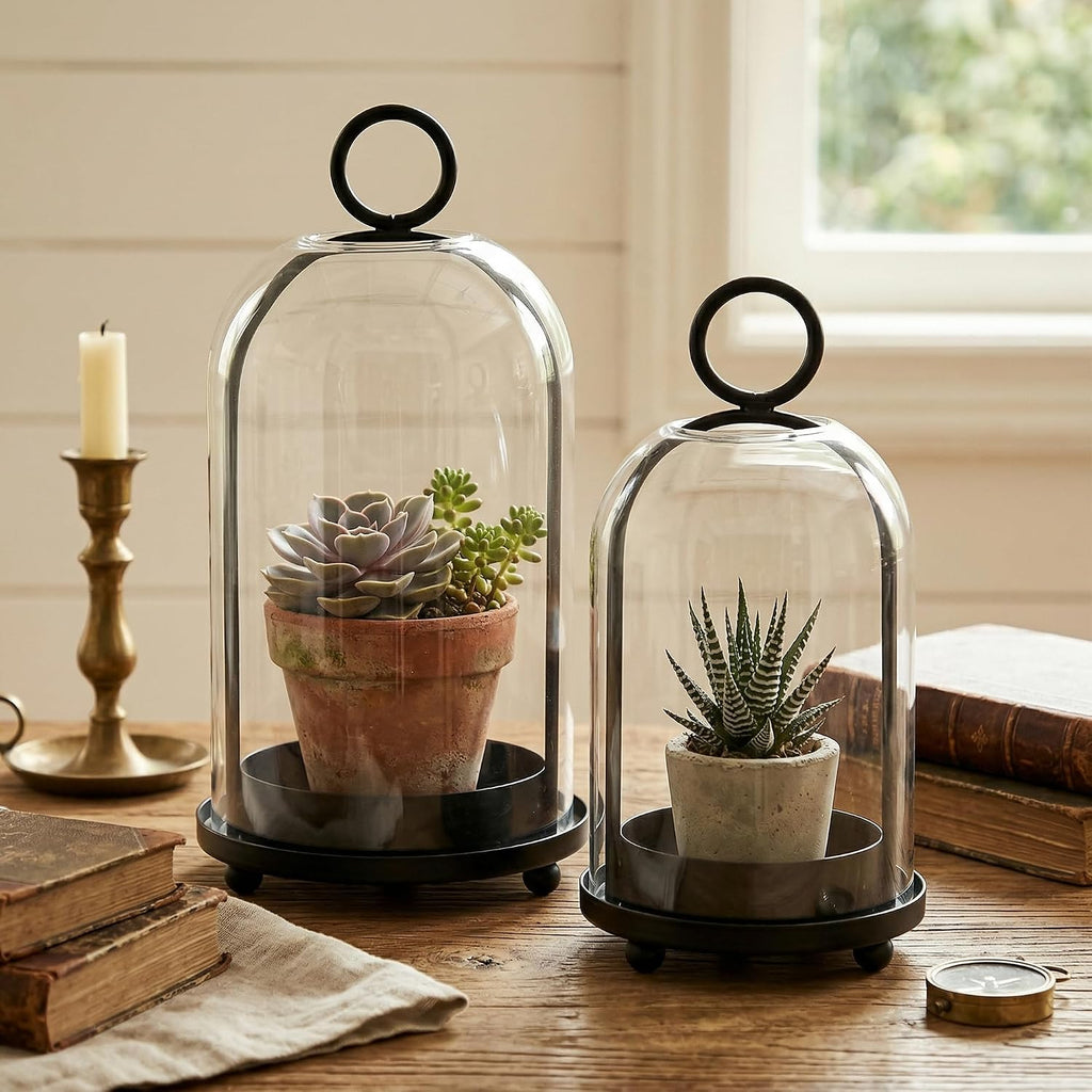 Hurricane Candle Holders Set of 2-10" & 7.8" Black Metal Base with Glass Dome, Includes 2 Pillar Candles, Hanging or