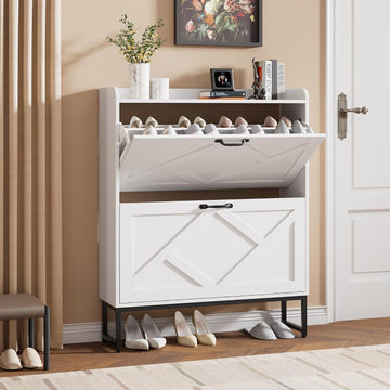 Shoe Cabinet with 2 Flip Drawers, Freestanding Shoe Organizer, Shoe Cabinet with Metal Legs, Narrow Shoe Rack Cabinet