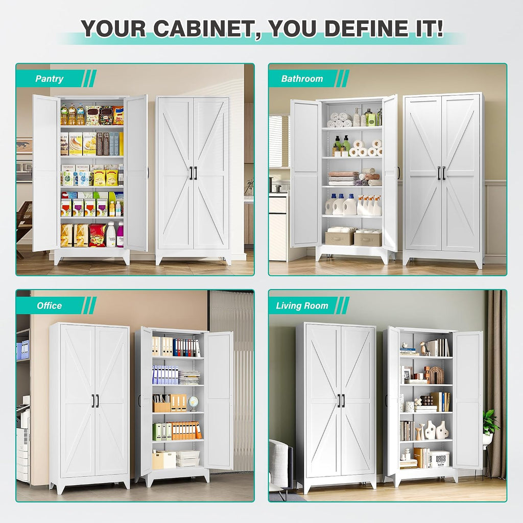 75" Tall Pantry Cabinet,Farmhouse Kitchen Pantry Storage Cabinets with 2 Doors and 5 Shelves,White Metal Storage