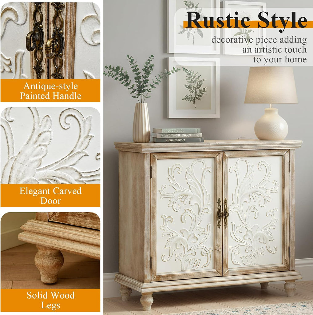 Storage Cabinet, Vintage Distressed Sideboard, Accent Cabinet with 2 Floral-Carved Doors, Buffet Cabinet with