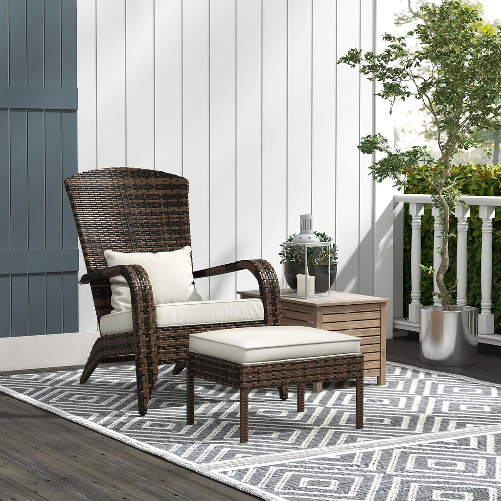Patio Wicker Adirondack Chair with Ottoman High-Back Cream White | Outdoor Fire Pit Chair, Cushions, Large Seat &