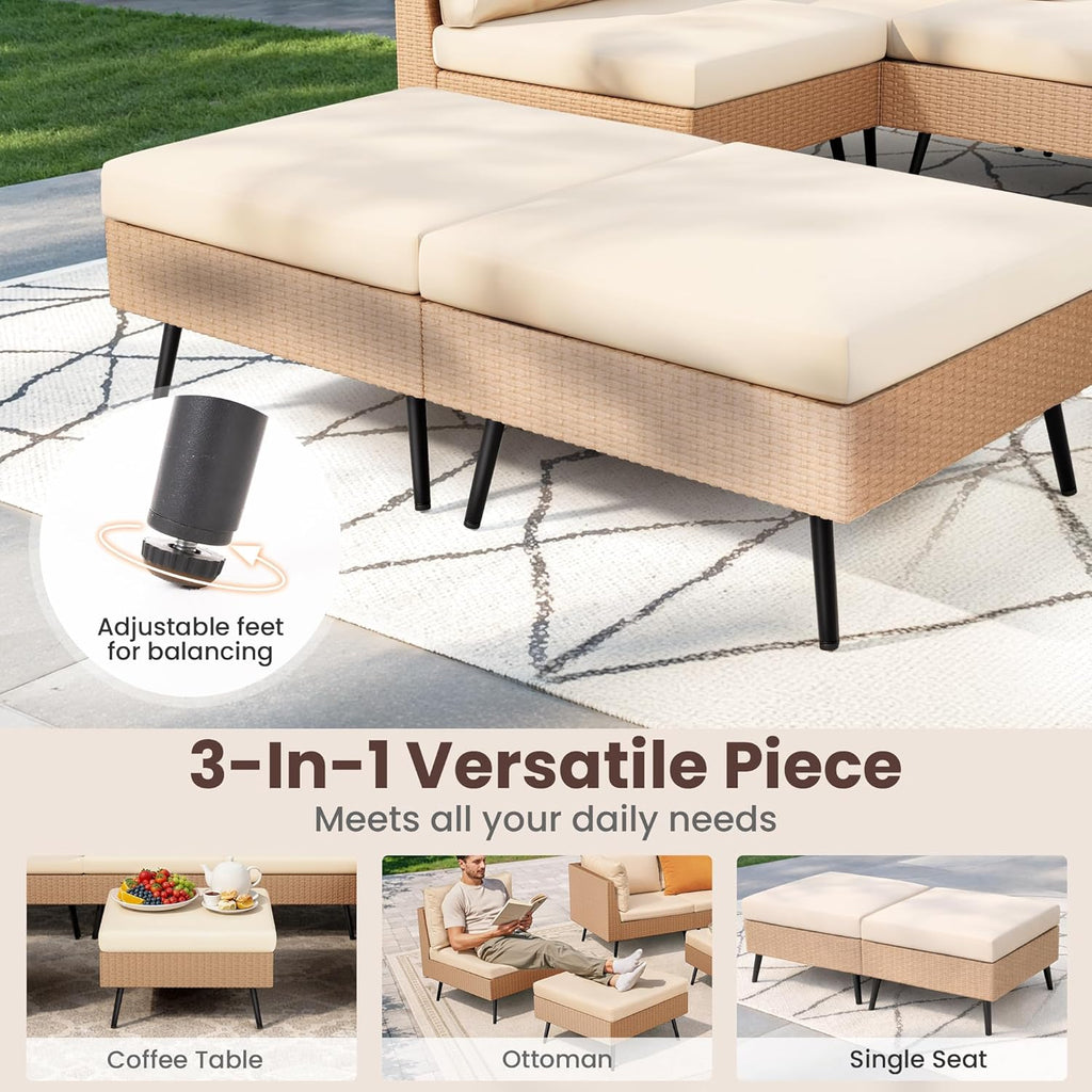 8-Piece Wicker Outdoor Furniture Set, All-Weather Patio Conversation Set with Thick Cushions & 2 Multi-Use Ottomans