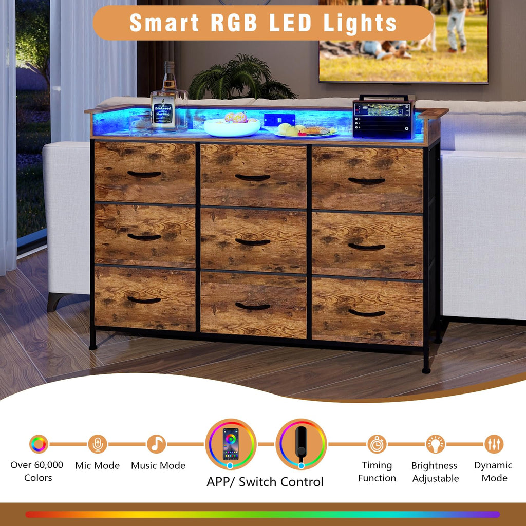 Industrial with Charging Station and LED Light Fabric Storage with 9 Fabric Drawers Chest of Drawers for Closet