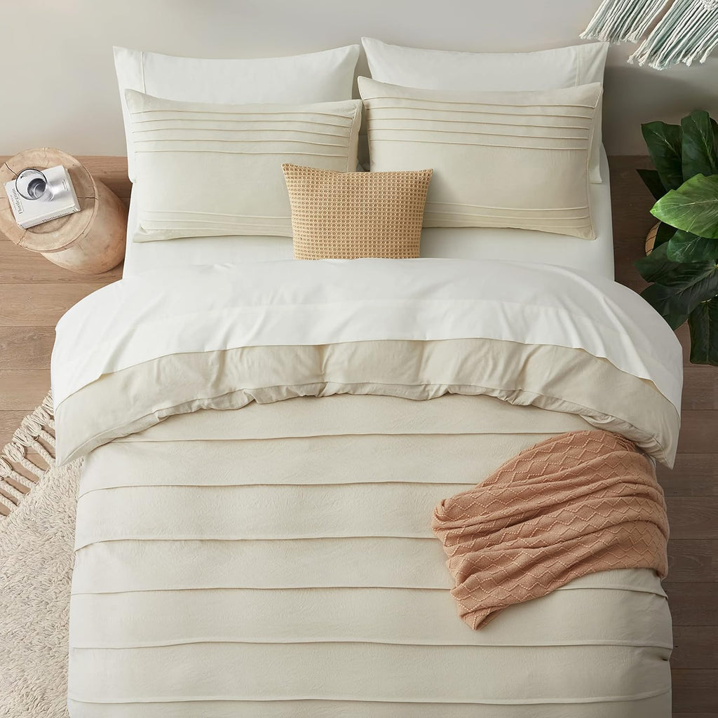 Beige Duvet Cover - Pleated Duvet Cover, 3PCS Soft and Breathable Textured Bedding Set with Zipper