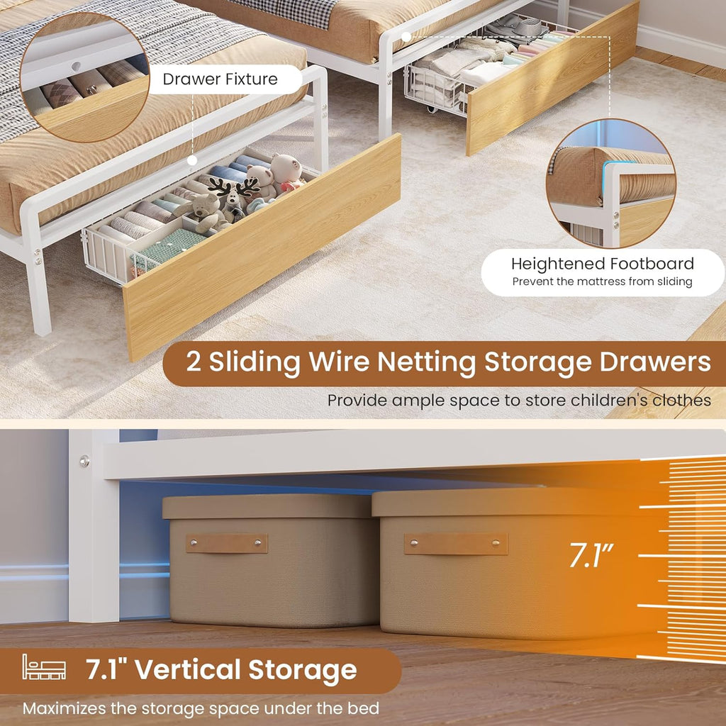 Triple Bunk Bed for Kids with Storage Drawers and Charging Station Twin Over Twin Metal 3 Bunk Bed with Storage