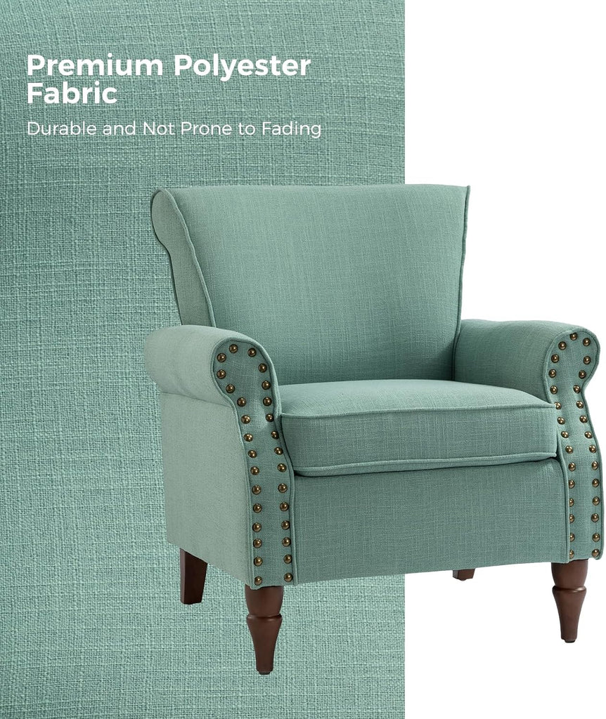 Accent Chair with Wood Legs & Removable Cushion, Modern Wingback Armchair with Nailhead Trim, Comfy Upholstered