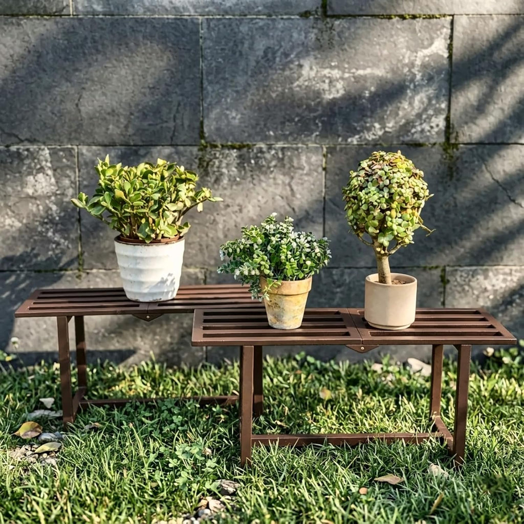 Plant Stand Indoor Outdoor, Foldable Metal Plant Shelf for Multiple Pots, Mid Century Slatted Bench Garden, Heavy