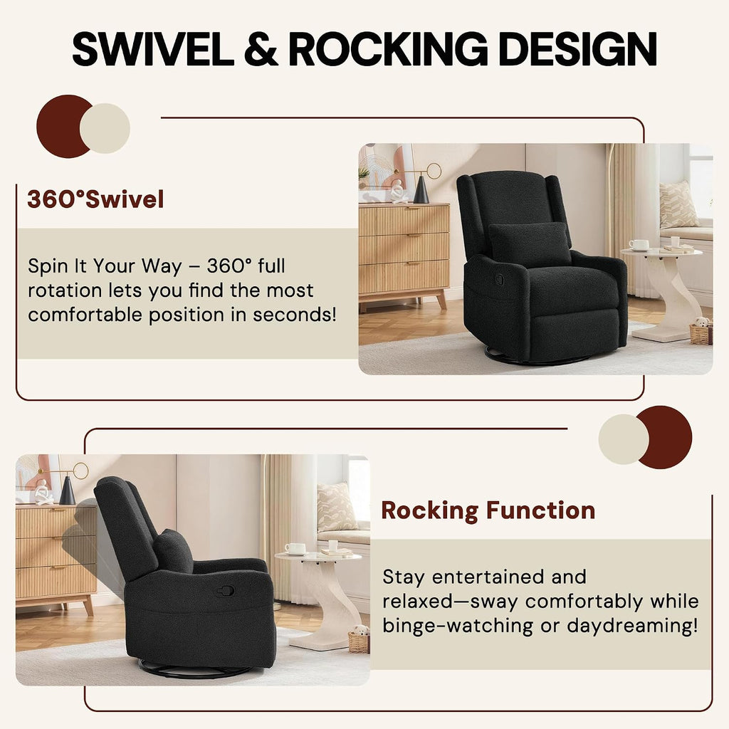 Glider Recliner Rocking Chair, 360° Swivel Boucle Nursery Chair, Comfy Upholstered Recliner,Black