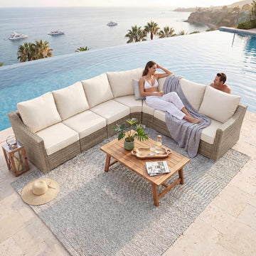Luxury Outdoor Rattan L-Shaped Sofa, 6-Seat All-Weather Patio Sectional Furniture Set, Modular Half Round Wicker