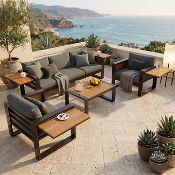 Large 4-Piece Outdoor Patio Furniture Set for 5 Person, 3-Seater Sofa, 2 Armchairs with Fold-Out Side Tables
