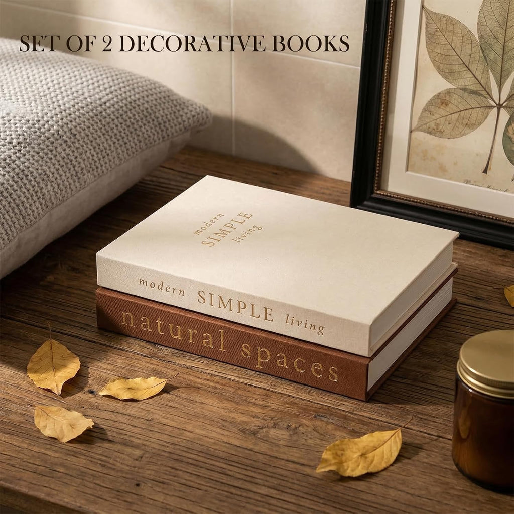 Elegant Decorative Books Set of 2, Linen Covered Decor Books with Gold Lettering & Magnetic Clasps for Storage.