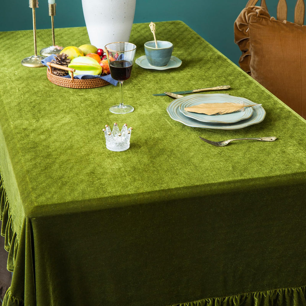 Velvet Tablecloth Luxurious Solid Rectangle Table Cloth, Oblong Retro Farmhouse Ruffle Tablecloths Washable Table