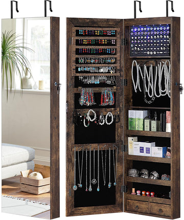Full Length Mirror Jewelry Cabinet, 6 LEDs Jewelry Armoire Wall Mounted Over The Door Hanging, Jewelry Organizer