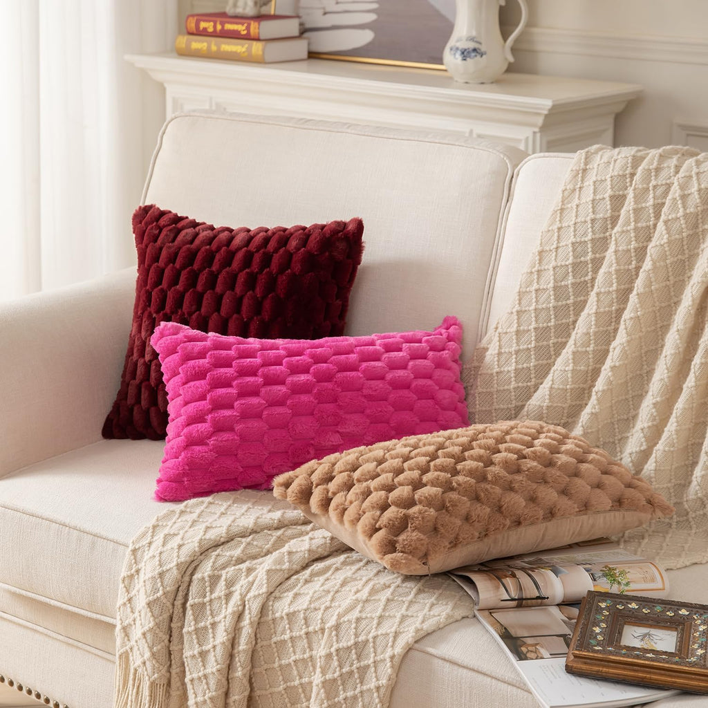 Pack of 2 Burgundy Super Soft Plush Fluffy Decorative Throw Pillow Covers 18x18 inch Faux Fur Wool Velvet Cushion
