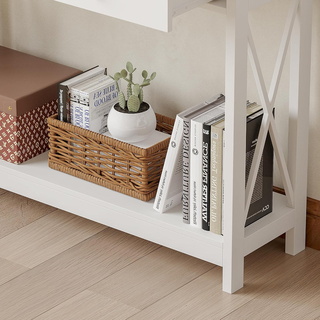 White Console Table with Drawer and Storage Shelves, Foyer Sofa Table Narrow