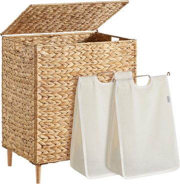 Laundry Hamper 2 Sections, 34.3 Gal. (130 L) Handwoven Water Hyacinth Wicker Laundry Basket with Lid, Natural