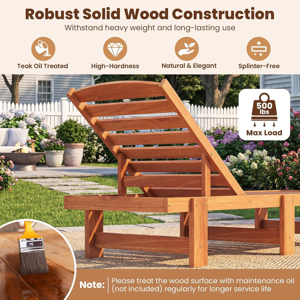 Solid Wood Chaise Lounge, Outdoor Lounge Chair Teak Oil Finished | 5-Position Adjustable Backrest, Wooden Patio