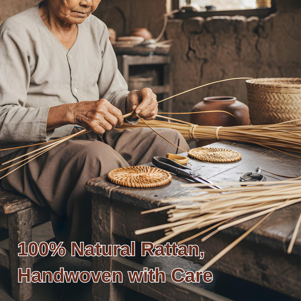 Handwoven Rattan Coasters Set of 6 for Drinks, Boho Wood Cup Coasters with Holder for Coffee Table Decor, Vintage