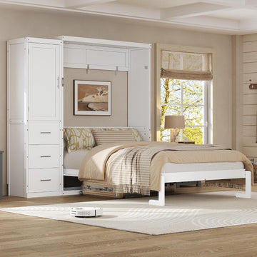 Full Murphy Bed with Drawers and Wardrobe,Multifunctional Foldable Wood Platform Bed Frame for Small Spaces Studio