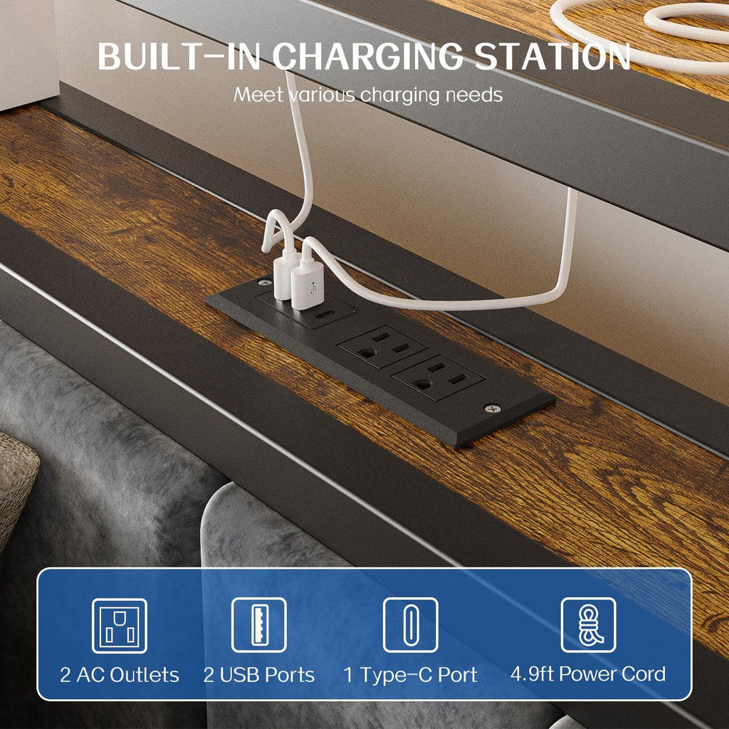 Full Platform Bed Frame with LED Lights, Charging Station, Grey Upholstered Headboard with 2-Tier Storage Shelves