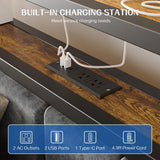 Full Platform Bed Frame with LED Lights, Charging Station, Grey Upholstered Headboard with 2-Tier Storage Shelves