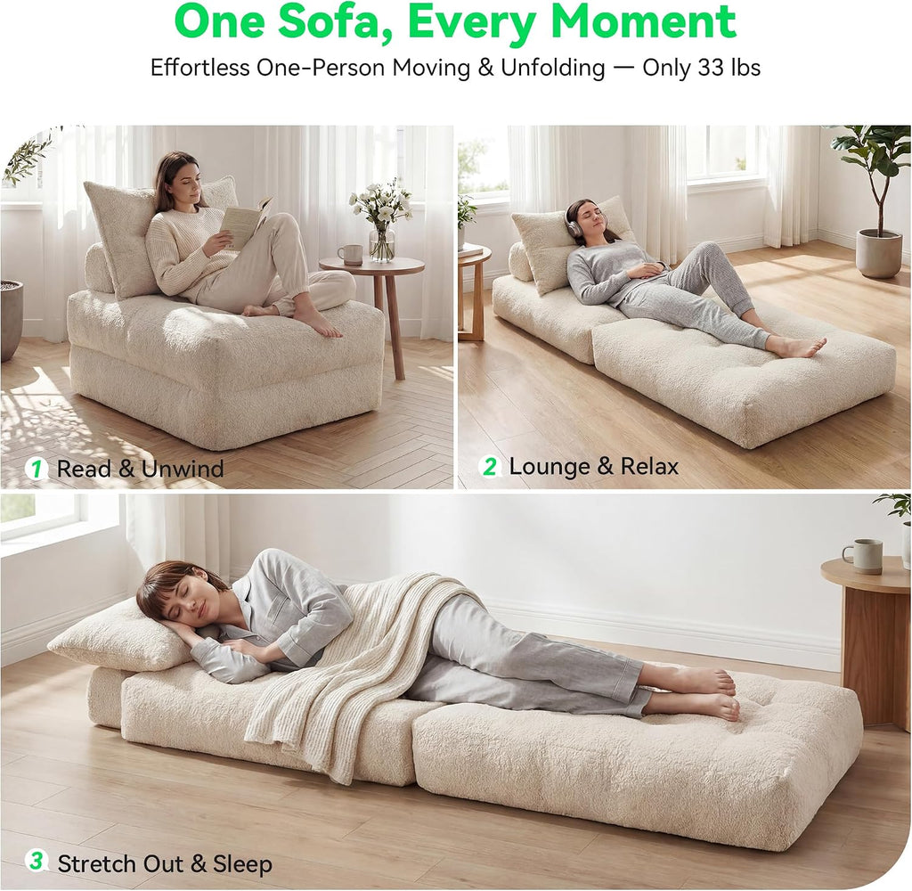 Folding Sofa Bed, 3-in-1 Convertible Sleeper Chair Bed, Fold Out Floor Futon Chair with Pillow, Single Couch for