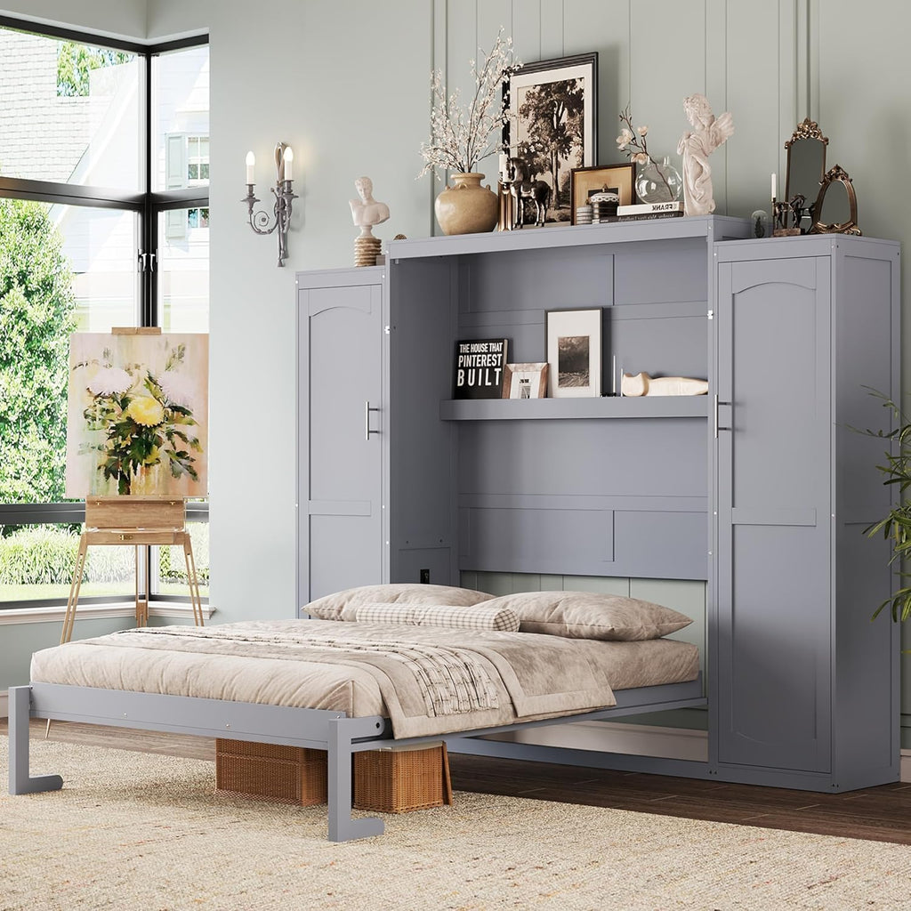 Full Vertical Murphy Bed with Wardrobe,Cabinet,and Storage Shelves,Wood Foldable Hidden Murphy Wall Bed for Adults
