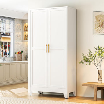 75.2" Tall Metal Storage Cabinet with 2 Doors and 5 Adjustable Shelves, New upgrade Kitchen Pantry Cabinet, White
