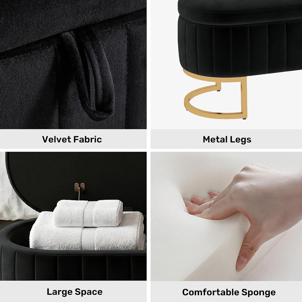 51" Velvet Storage Ottoman Bench End of Bed Entryway Black