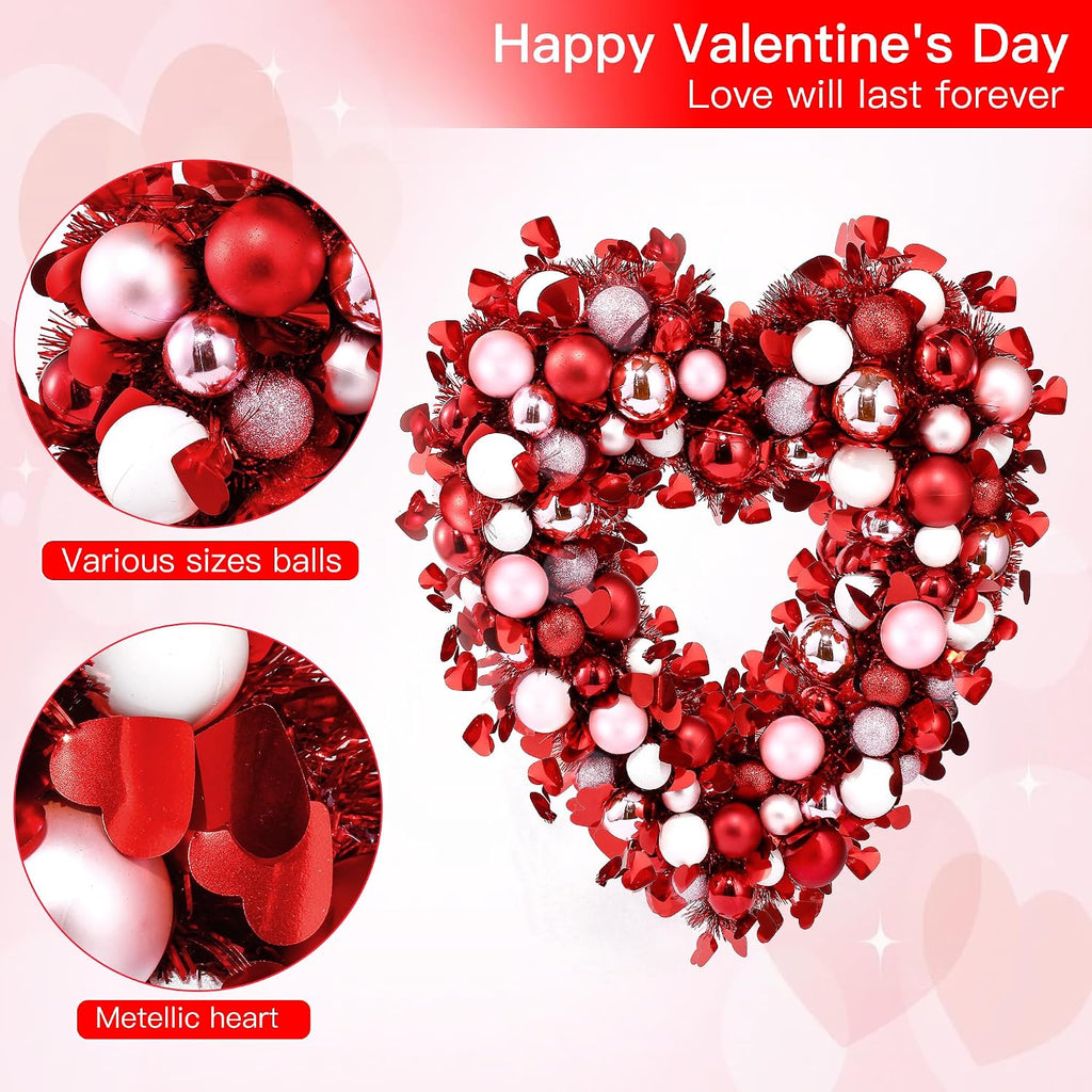 17.7'' Heart Shaped Wreath Red Pink White Heart Wreath with Tinsel Red Balls Decorations for Front Door Wedding Party
