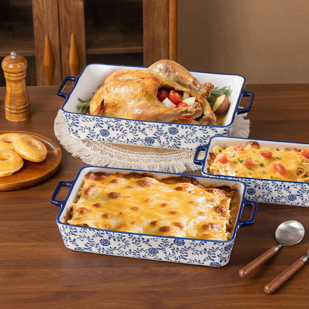 Ceramic Bakeware Set - Casserole Dish Dishes for Oven - Rectangular Lasagna Pans with Handles Cooking - Microwave &