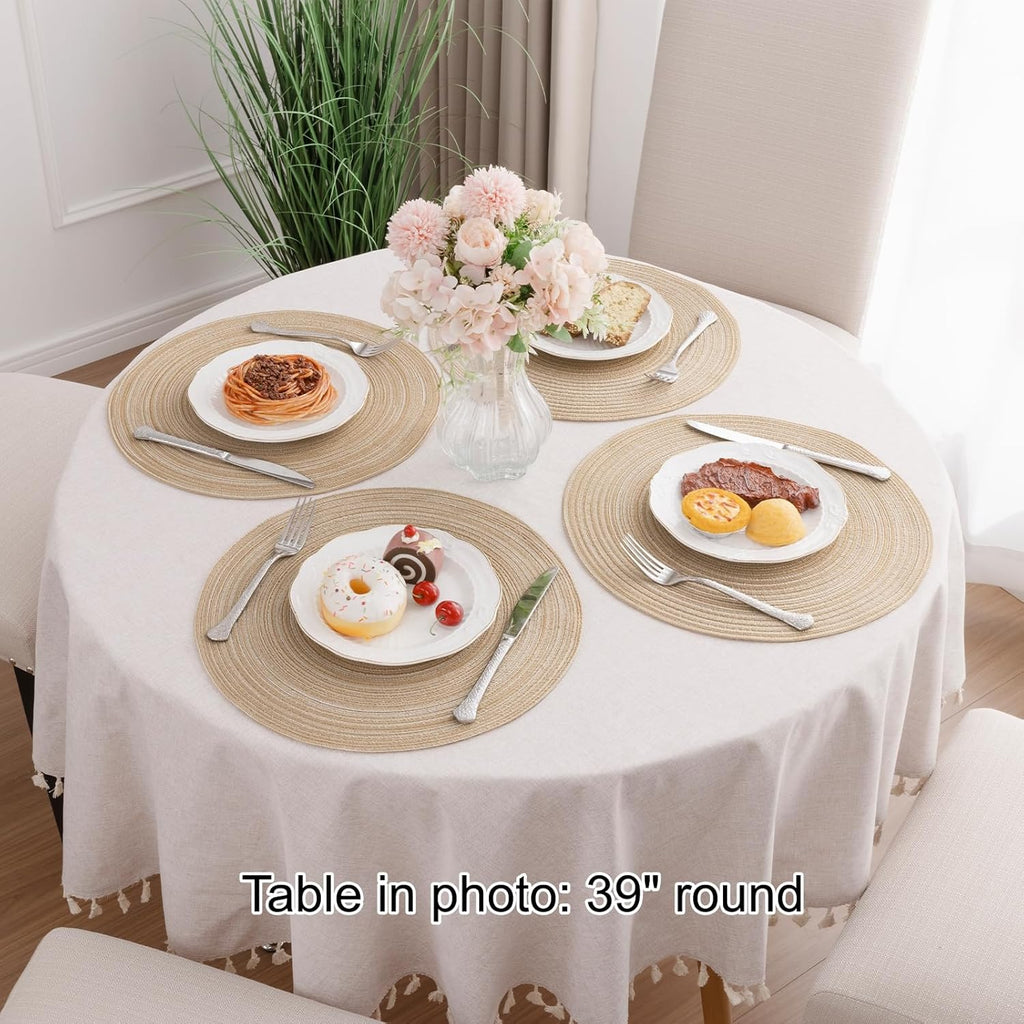 15 inch Round Placemats, Cotton Polyester Woven Braided Place Mats, Washable Heat Resistant Circle Table - Set of 6
