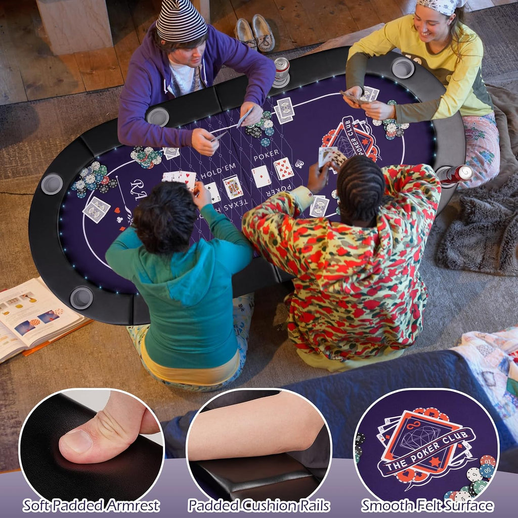 71" LED Poker Table - 8 Player Foldable Texas Hold'em Table with Built-in LED Lights, Padded Rails & 8 Cup Holders