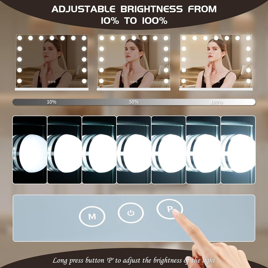 Vanity Mirror with Lights Lighted Makeup Mirror with 15 Dimmable LED Bulbs,3 Color Lighting Modes,USB Charging Port