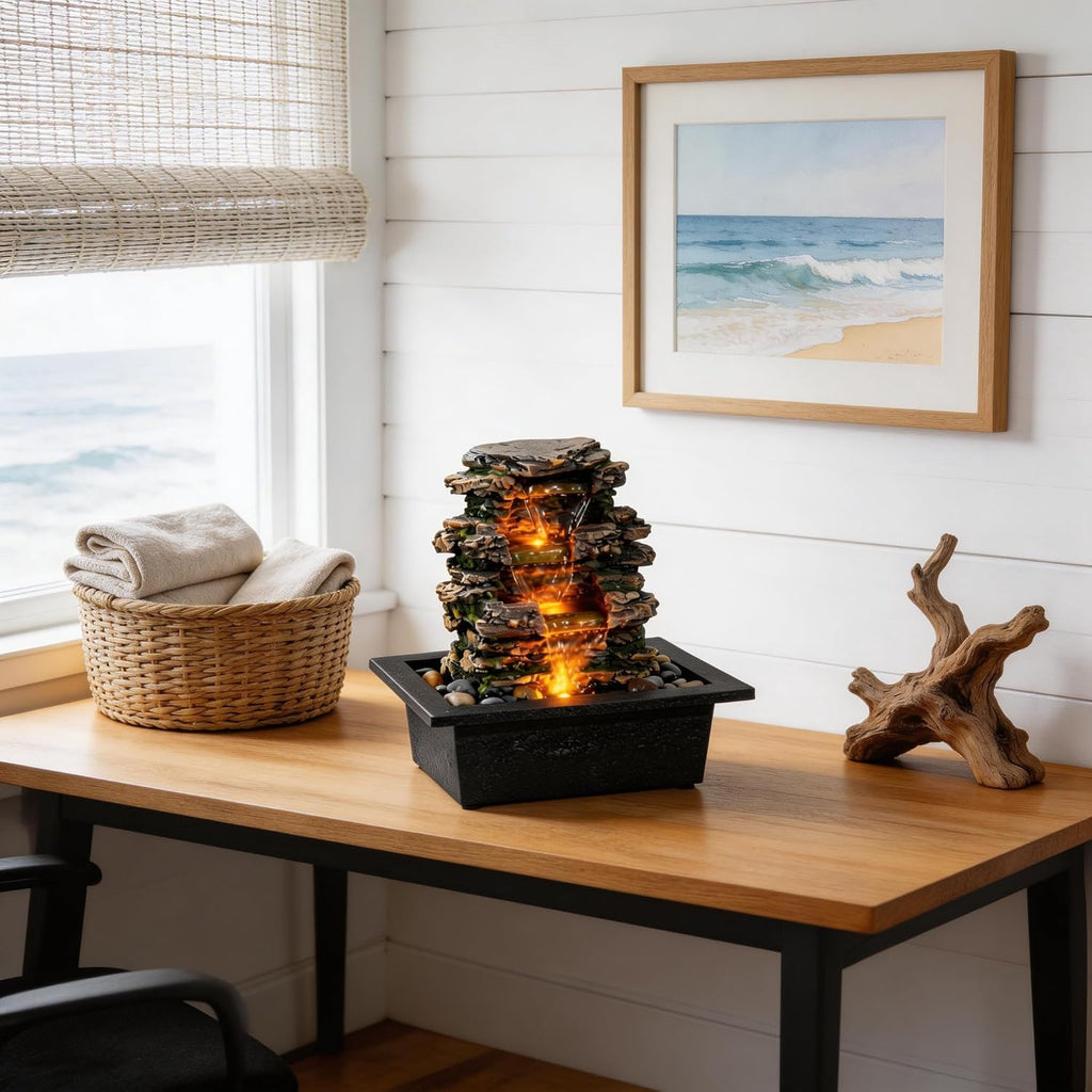 Tabletop Water Fountain, Home Décor Soothing Sound Machine with Automatic Pump, Deep Basin and Natural River Rocks.